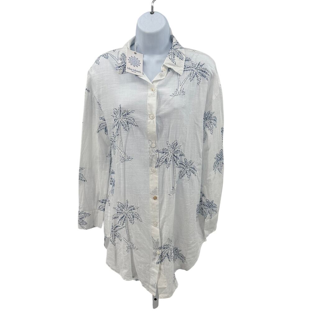 Blue Island Beach Long Sleeve Shirt S White Blue Palm Tree Embroidered Cover Up